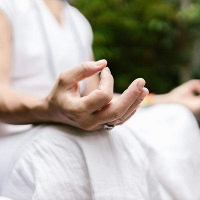Details of hands resting in a meditation mudra.